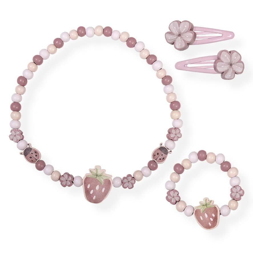 Set gioielli e mollette in legno fragole