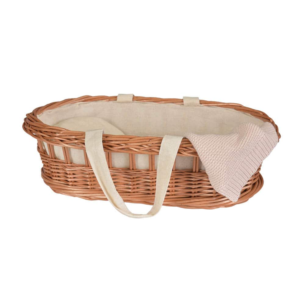 Culla in vimini (small) con maniglie e coperta lavorata a maglia