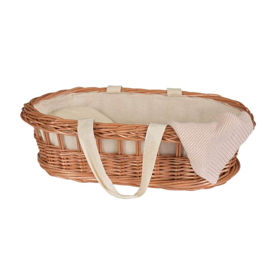 Culla in vimini (small) con maniglie e coperta lavorata a maglia